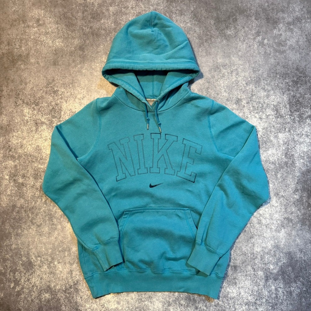 Nike Spellout Hoodie Womens Medium Teal Blue Pullover Sweatshirt Logo Swoosh